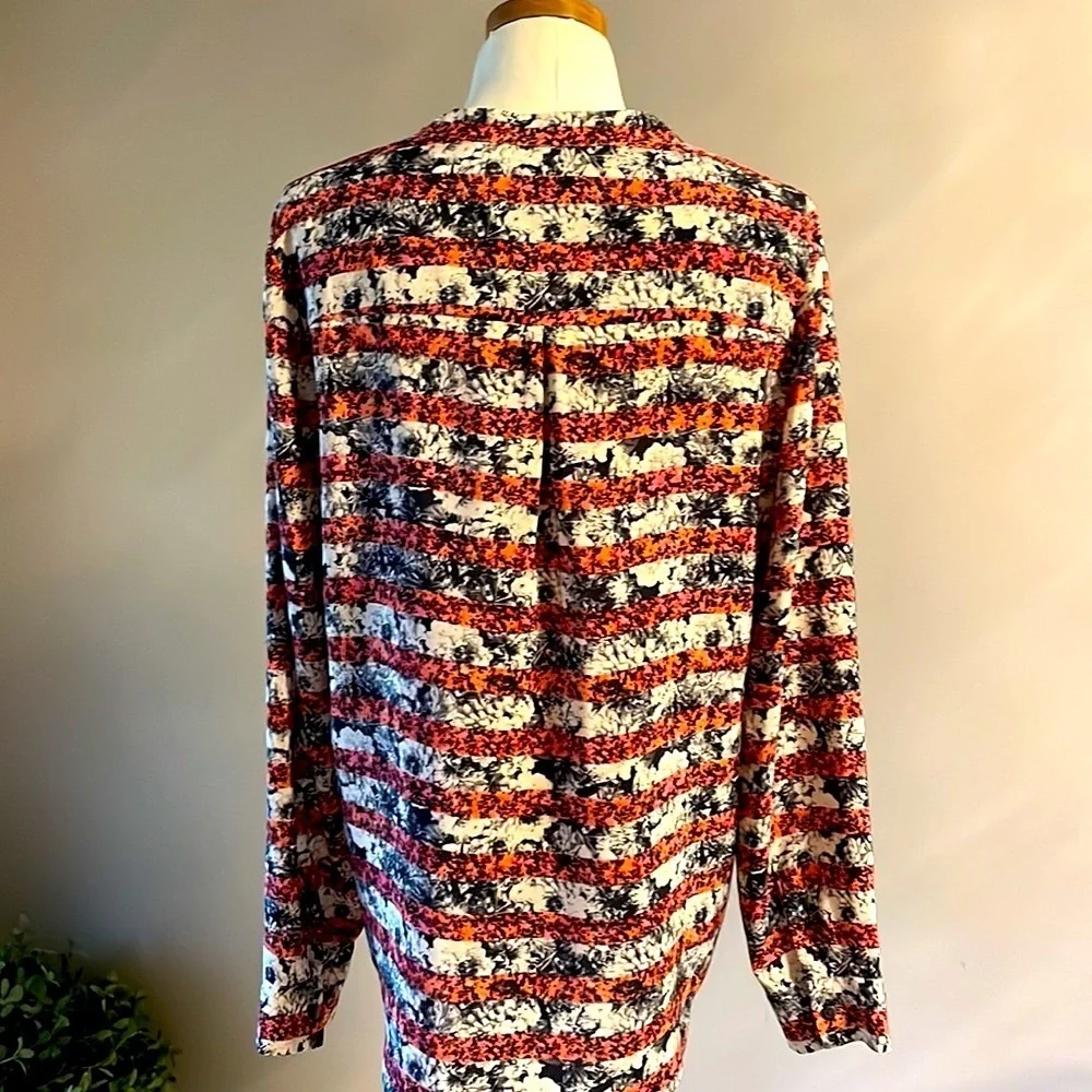 MADEWELL Broadway Broome floral striped 100% SILK 1/2 way button front blouse L